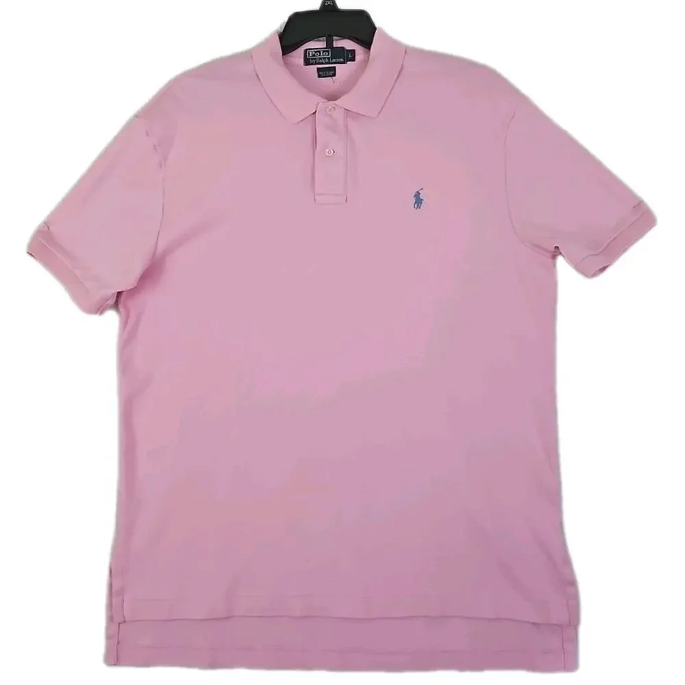 Polo Ralph Lauren ~Men's Size L~ Pink Blue Polo Shirt Pink Logo 100% Cotton.